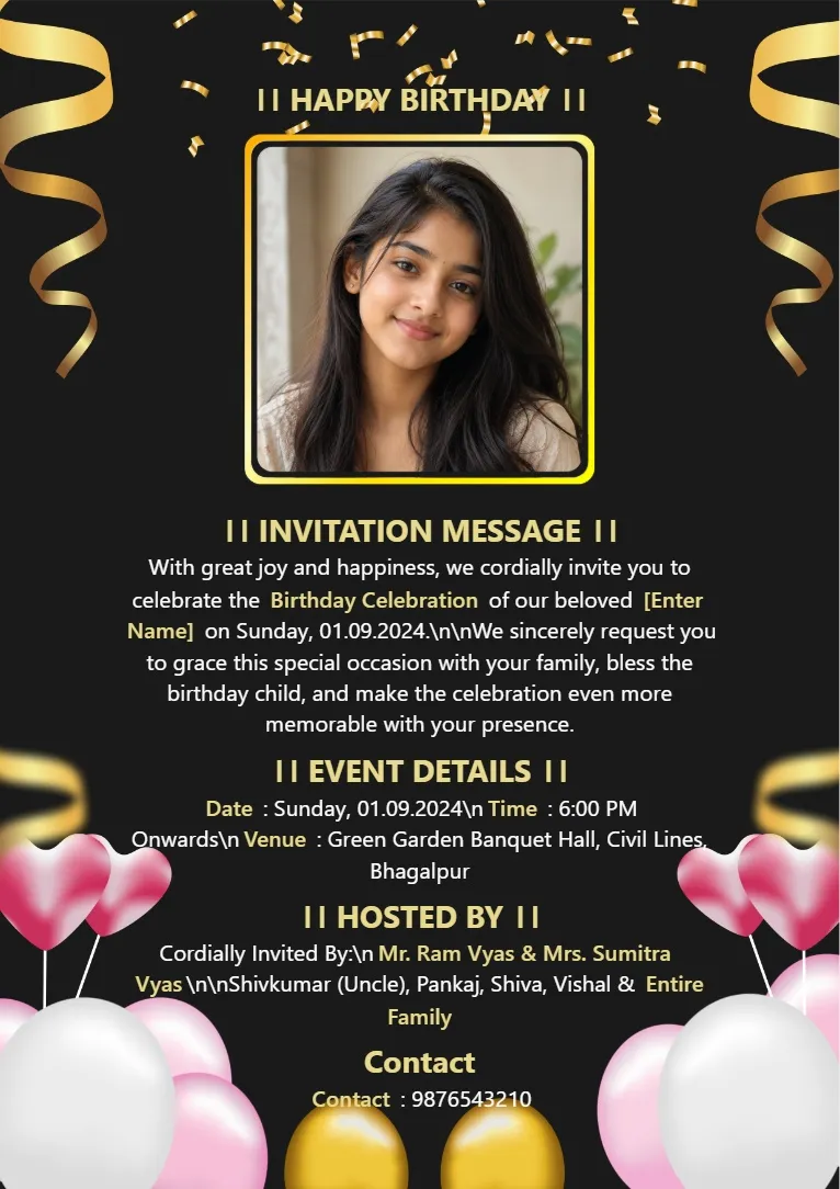 Black and gold birthday invitation template with elegant photo frame and premium party theme