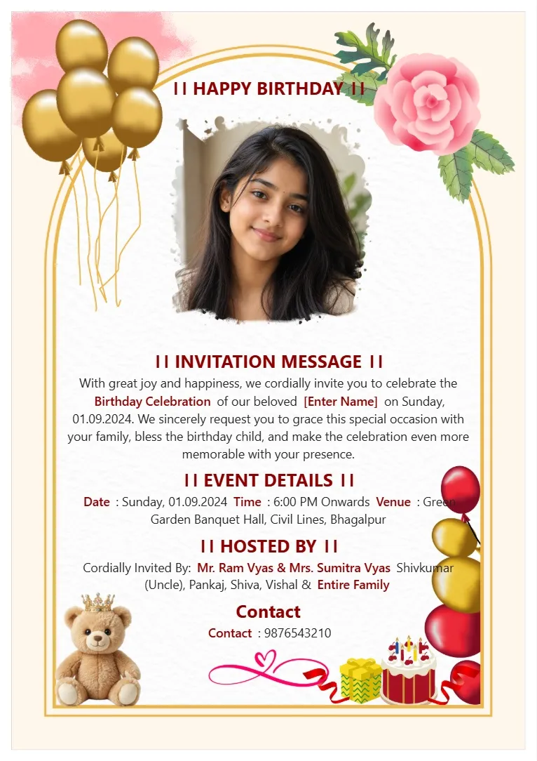White birthday invitation card template with golden balloons, flowers and customizable birthday photo