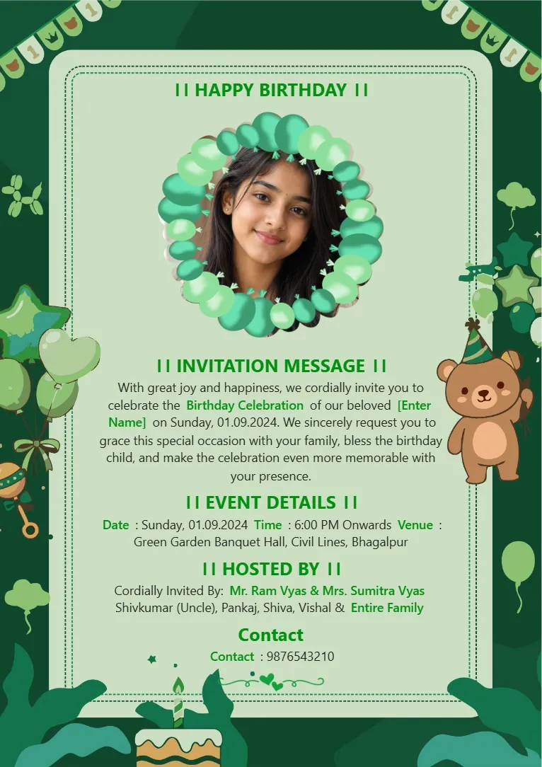 Kids birthday invitation template with green jungle theme, balloon photo frame, teddy bear and gifts