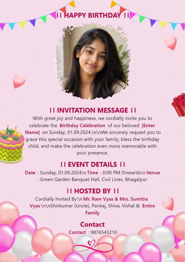 Pink birthday invitation card template featuring a photo frame, balloons, bunting and birthday cake decorations