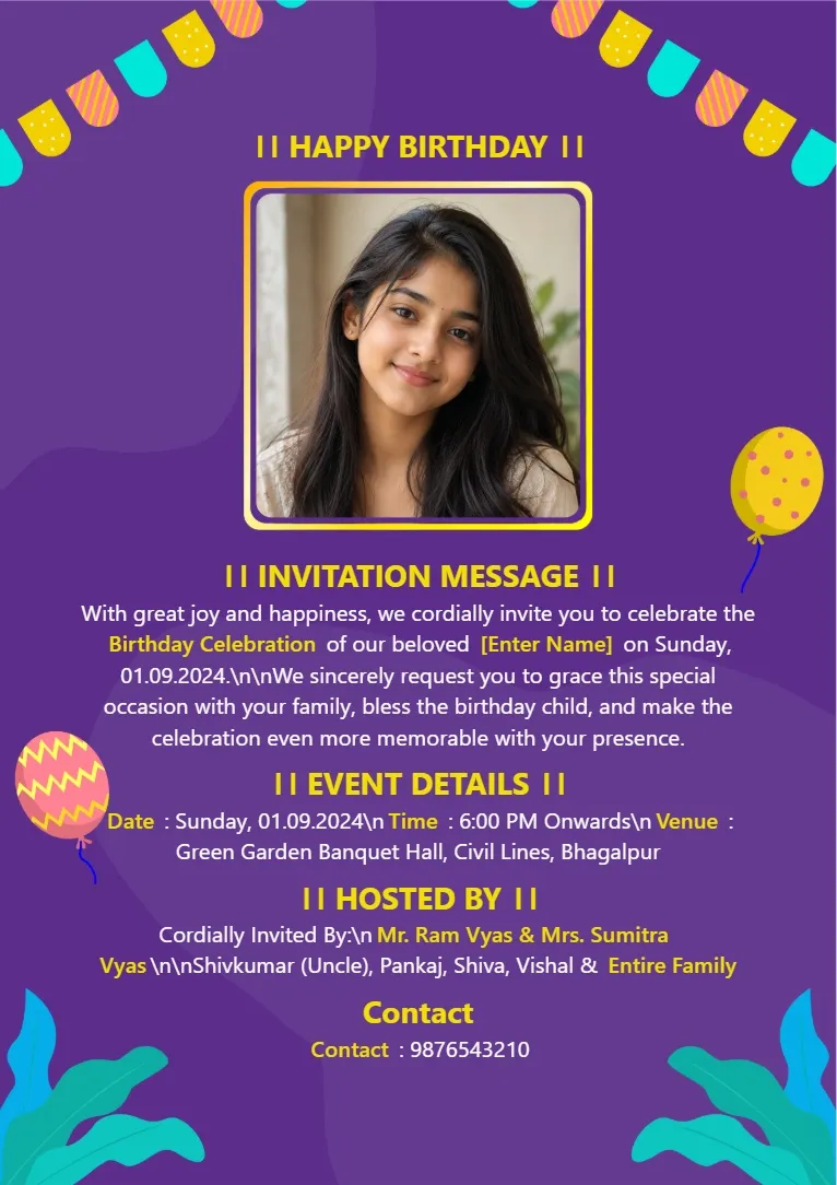 Purple themed birthday party invitation template with modern vibrant design