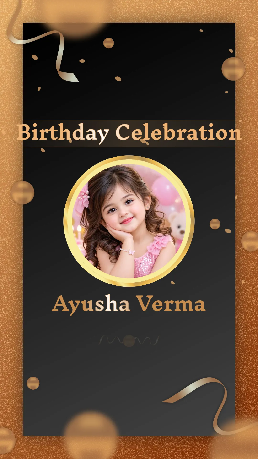 Elegant black and gold birthday invitation video thumbnail with circular child's photo and golden party accents