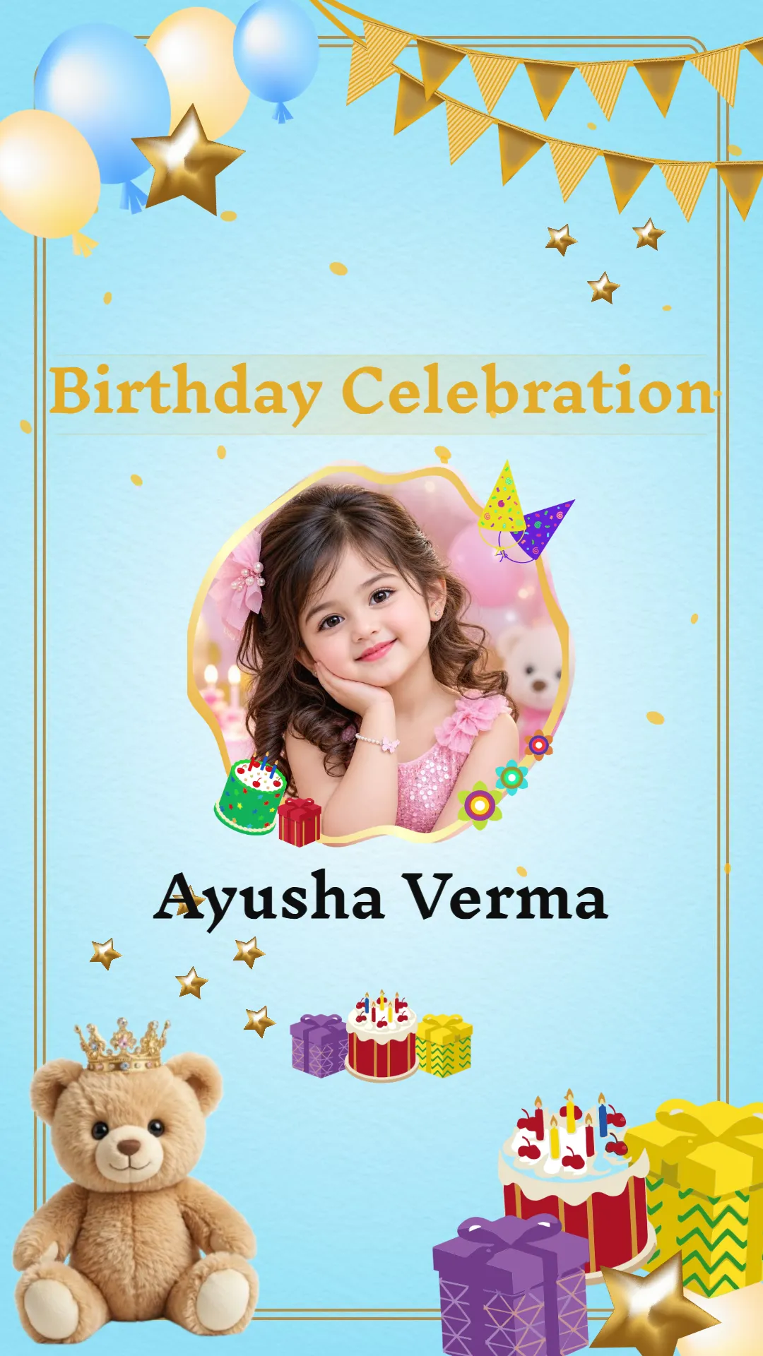 Blue birthday invitation video thumbnail with balloons, teddy bear, gifts, bunting, and child's photo
