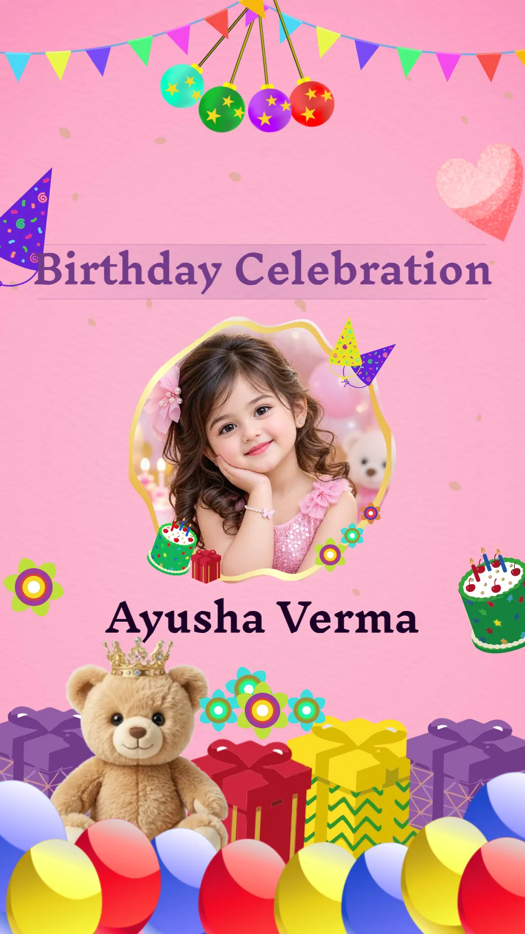 Colorful pink kids birthday invitation video thumbnail with balloons, teddy bear, presents, bunting, and child's photo