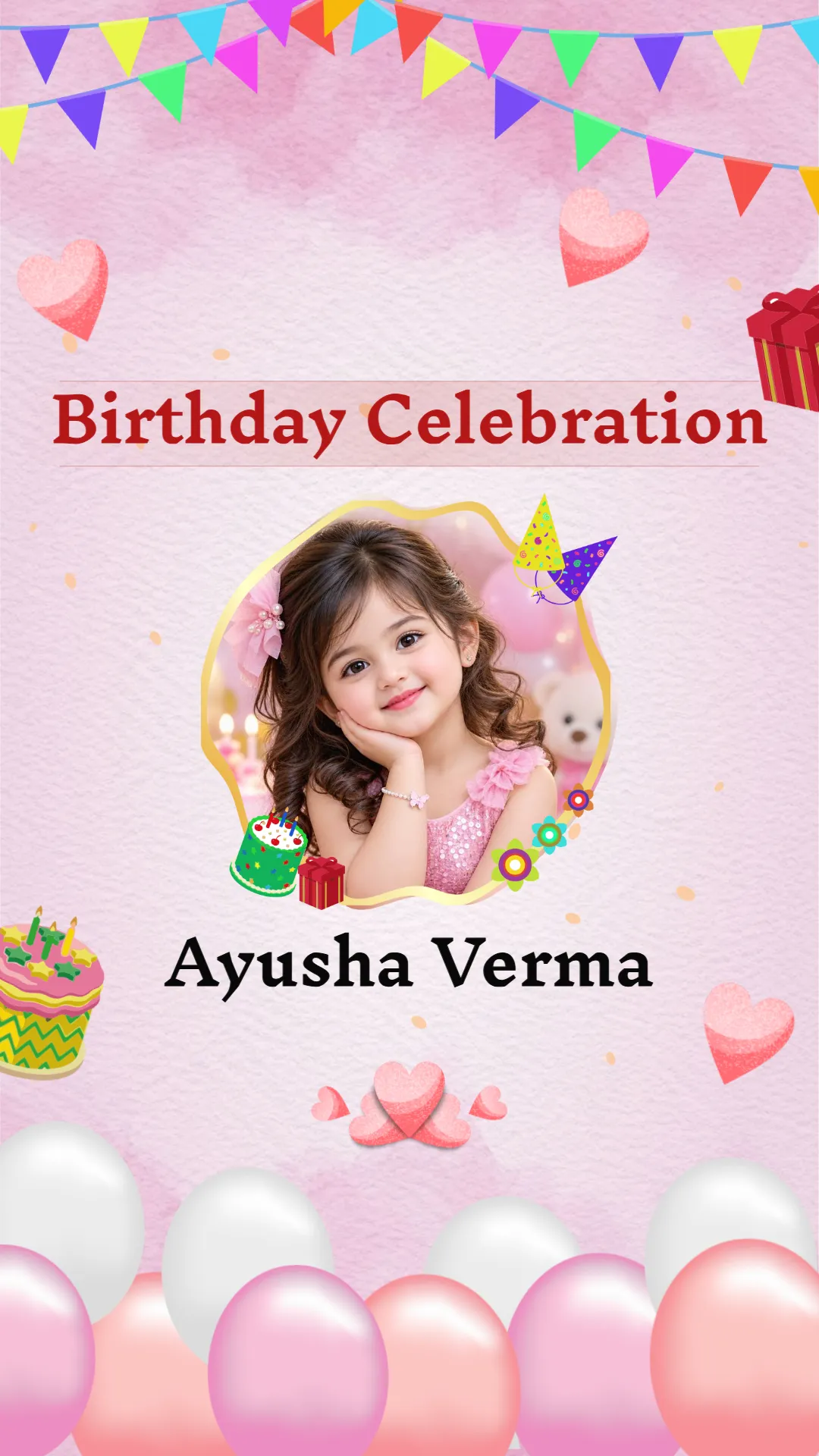 Cute pink kids birthday invitation video thumbnail with balloons, hearts, gifts, bunting, and child's photo