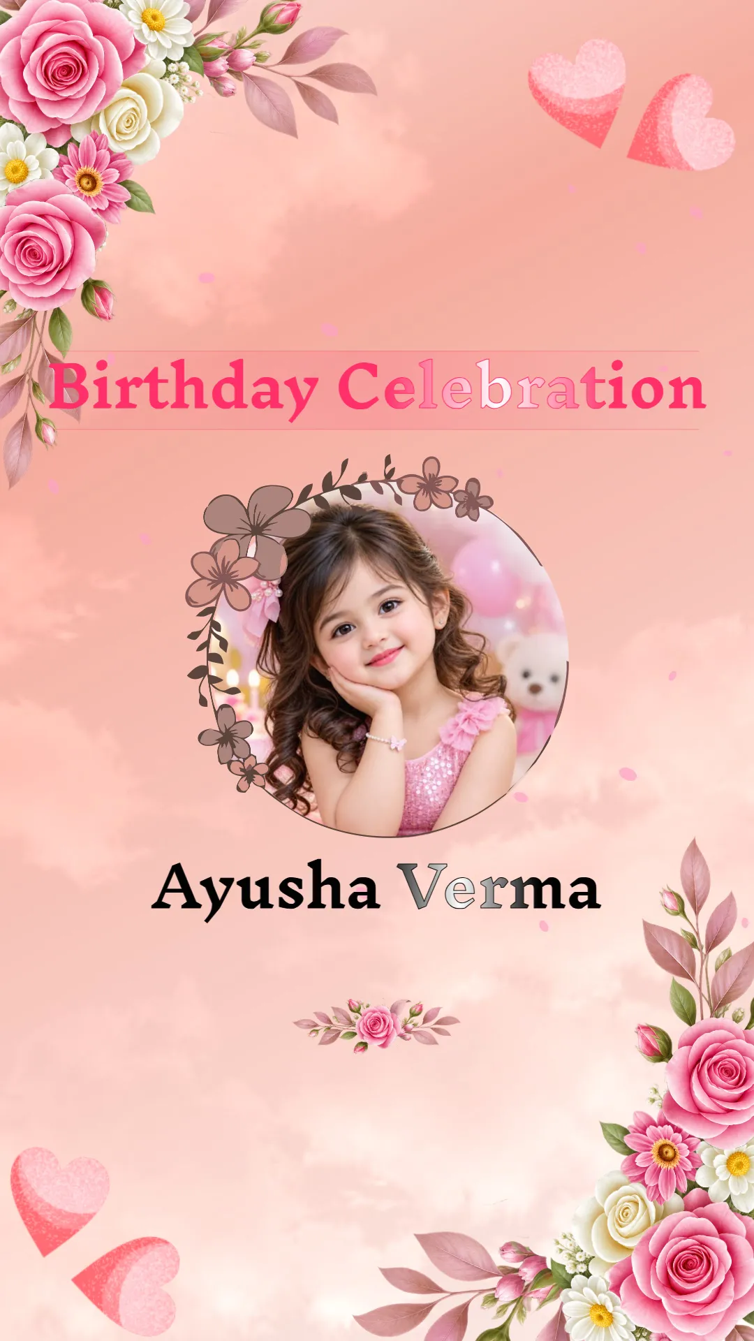 Pink floral birthday invitation video thumbnail with child's photo, flowers, hearts, and birthday celebration text