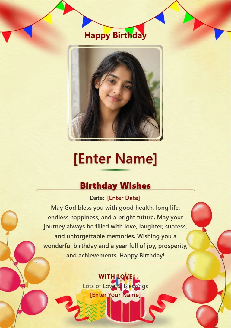 Birthday party wishes card template with balloons, gifts, bunting and birthday photo frame