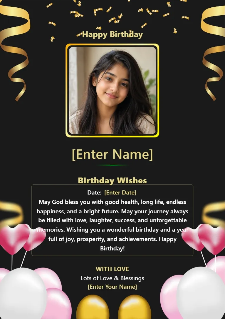Luxury black and gold birthday wishes card template with ribbon accents and birthday photo frame