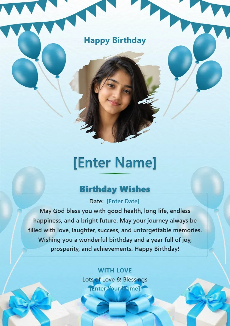 Blue birthday wishes card template with balloon decorations, ribbon and personalized photo