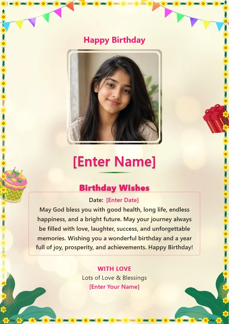 Festive birthday wishes card template with decorative border, hanging flags and stylish photo frame