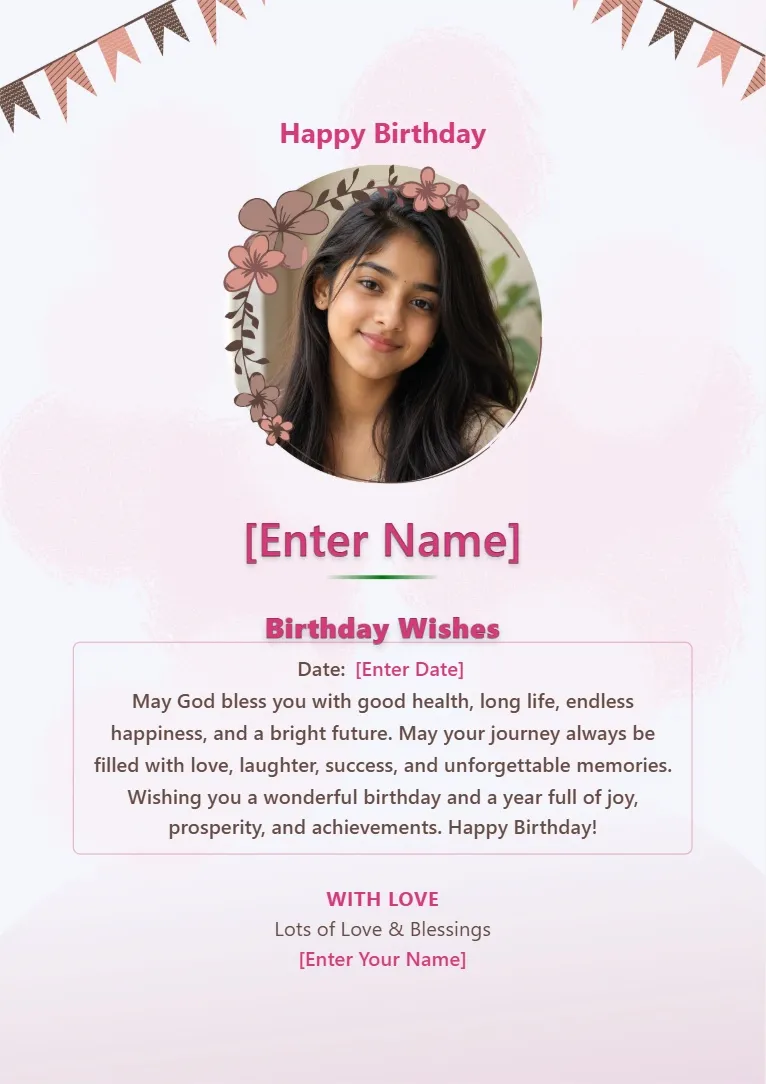 Elegant floral birthday greeting card template featuring a round floral photo frame and birthday wishes