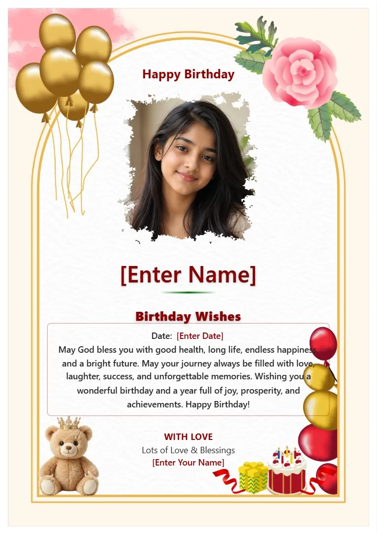 Elegant birthday wishes card template with golden balloons, flowers and personalized photo
