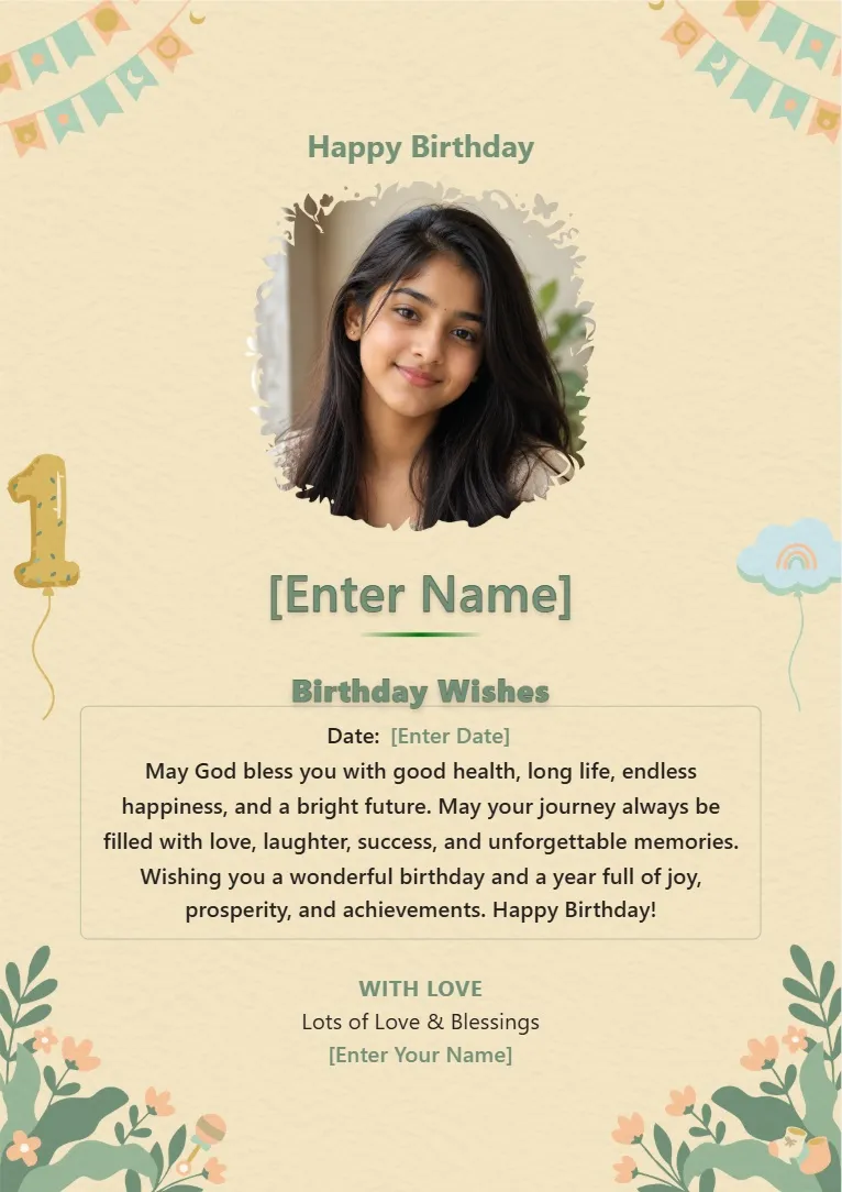 Golden birthday wishes poster template with elegant background, balloons and personalized photo