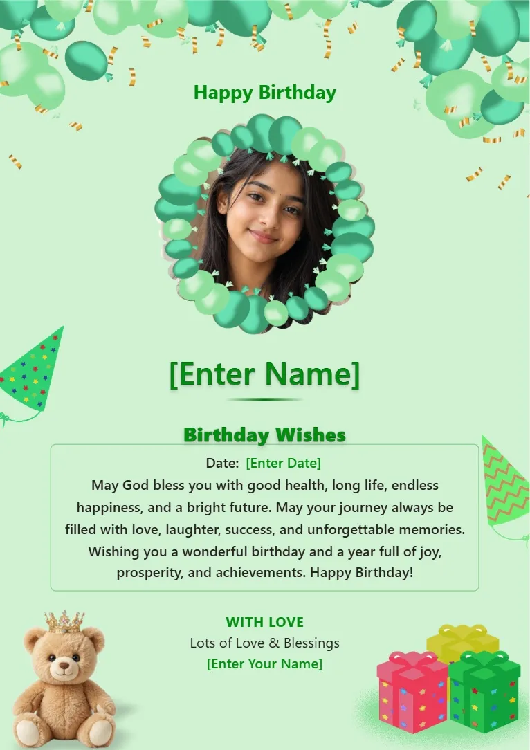 Green kids birthday wishes card template with balloon photo frame, teddy bear and birthday gifts