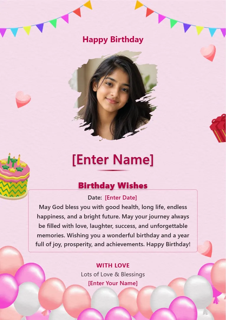 Pink happy birthday wishes card template with balloons, photo frame and personalized birthday message