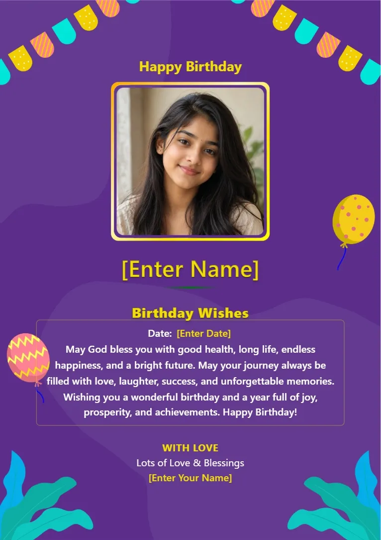 Purple birthday wishes poster template with balloons, festive decorations and photo frame